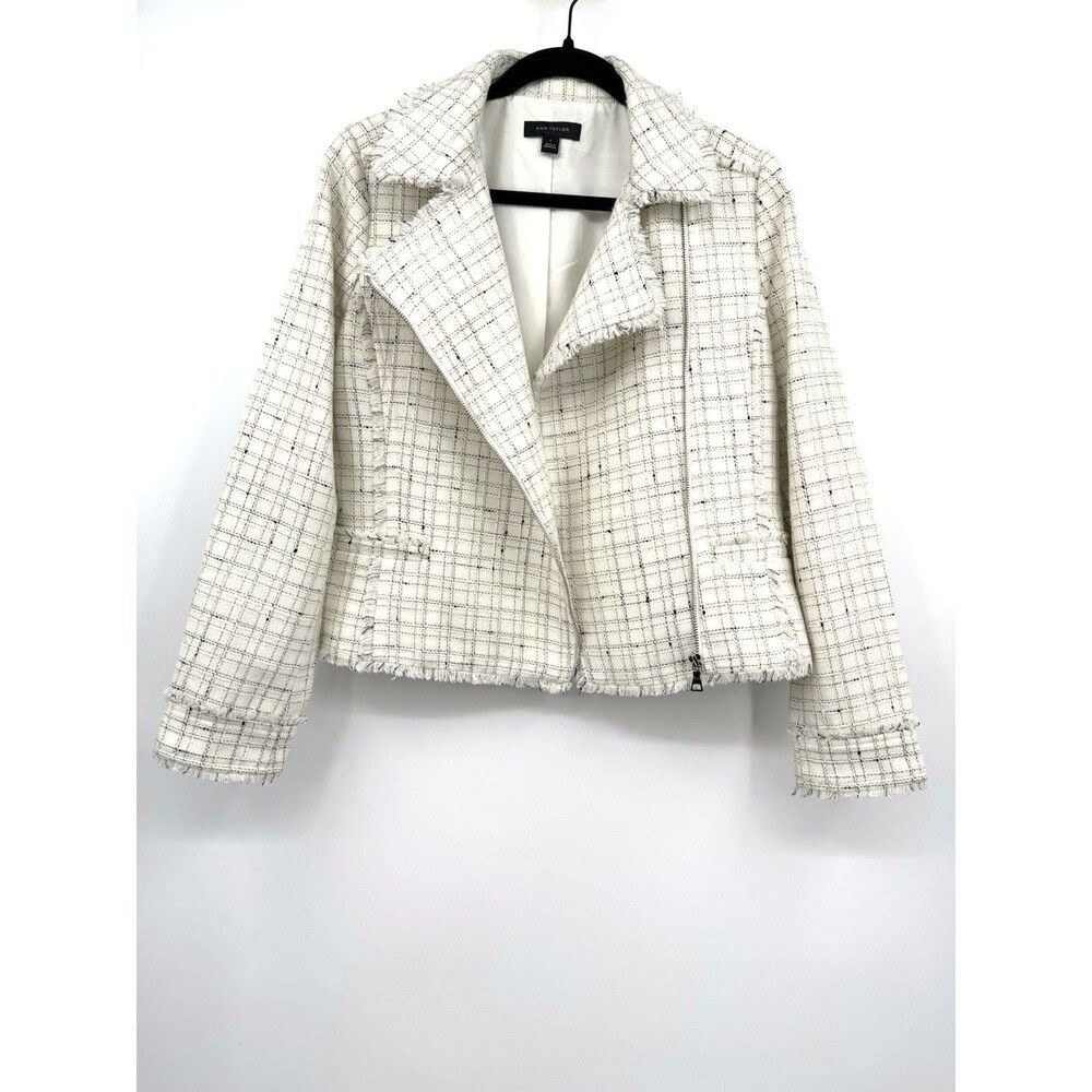 Ann Taylor Womens 6 Cream Tweed Moto Jacket Black Gold Fringe Chic Office Style